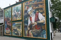 mural of people engaging in various different activities such as shoe repair and apple picking