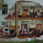 mural that appears to cutaway into the building to show various people in victorian dress around the house