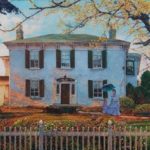 mural of a girl playing in the yard in front of a large white house
